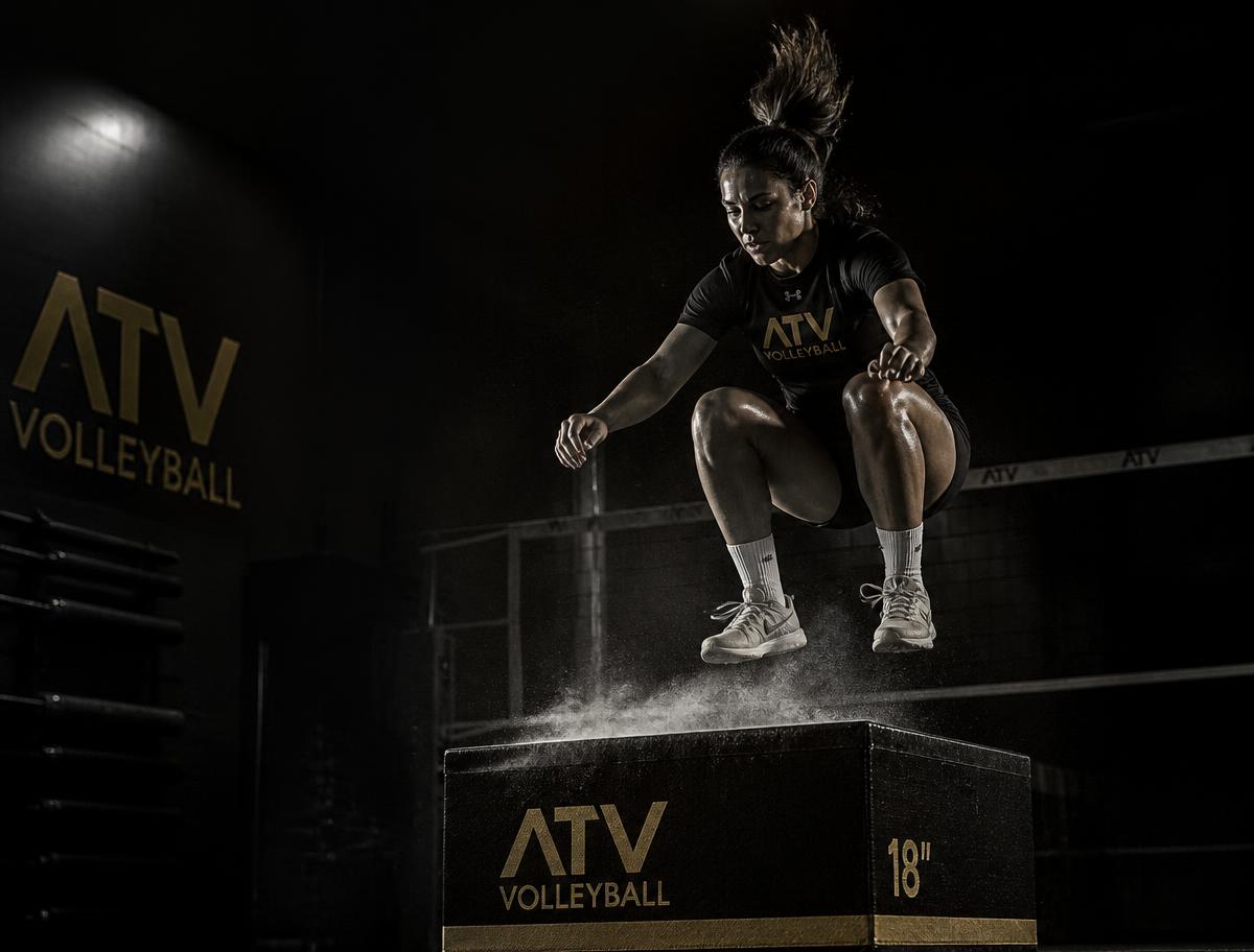 Atleta de voleibol realizando un salto pliométrico explosivo en entrenamiento